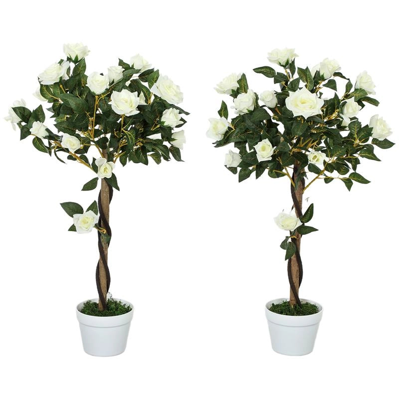 PIANTA FINTA DI ROSA DA 21 FIORI CON VASO RIEMPITO IN CEMENTO E MUSCHIO, Ï18X90 CM, BIANCO
