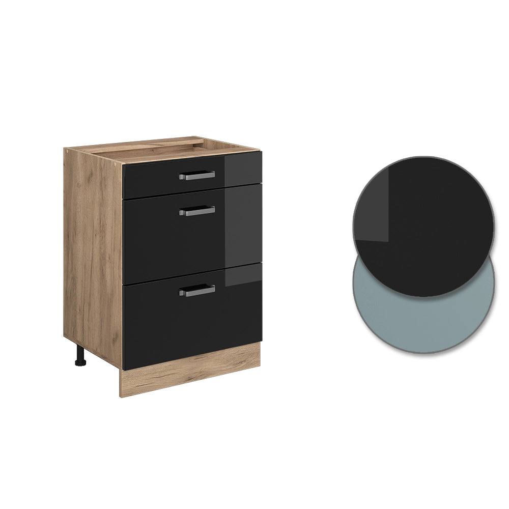 Vicco Mobiletto base per cucina Nero lucido 60 cm con cassetti, senza piano di lavoro