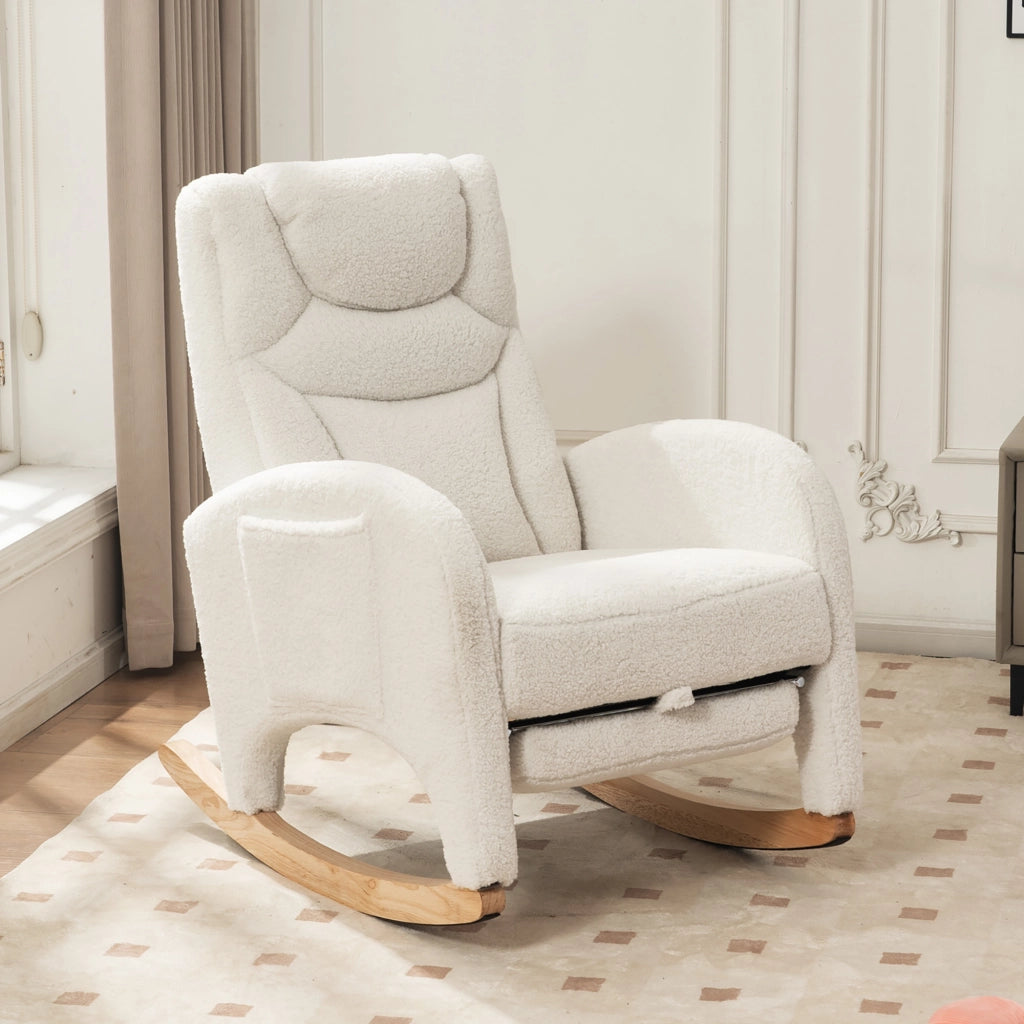 Sedia a dondolo relax con poggiapiedi pieghevole e schienale ergonomico in tessuto teddy bianco 66 × 125 × 101 cm