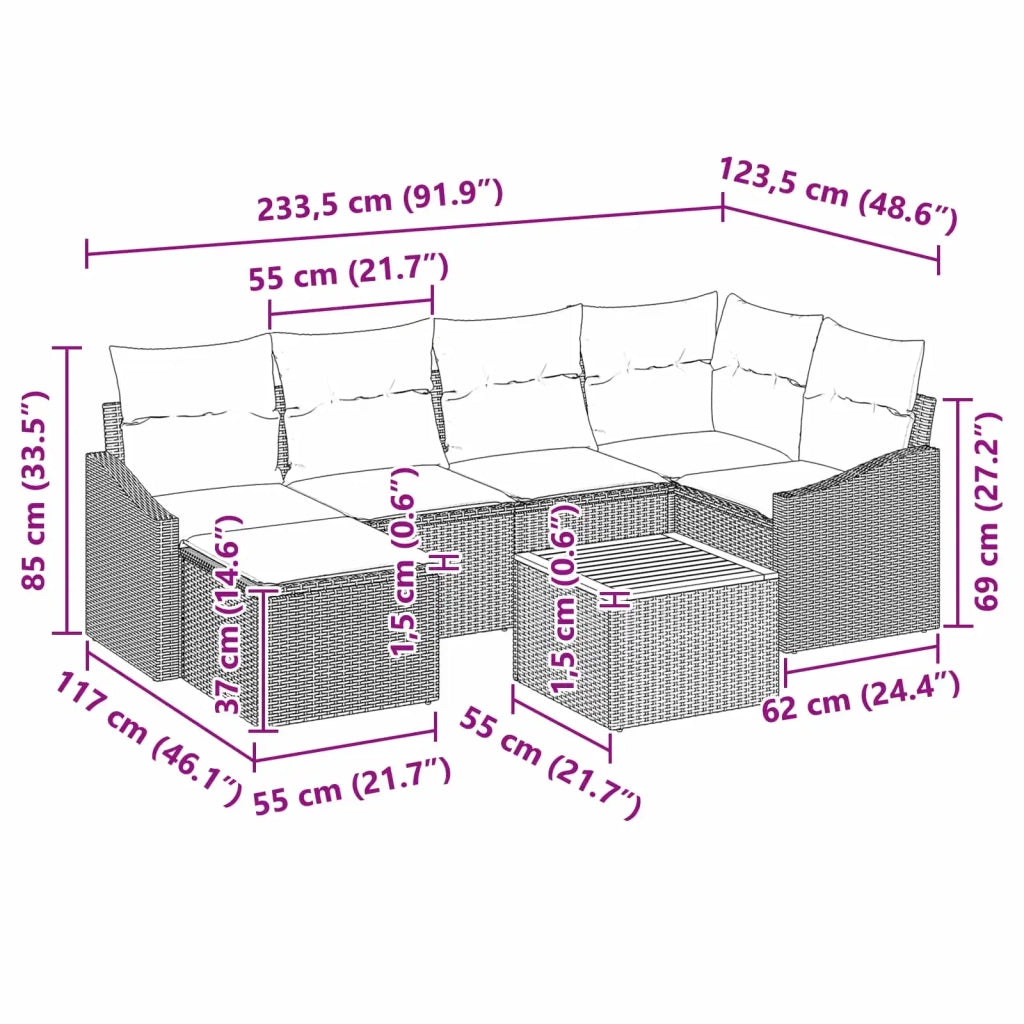 Set Divano da Giardino con cuscino 7 pcs Nero polyrattan
