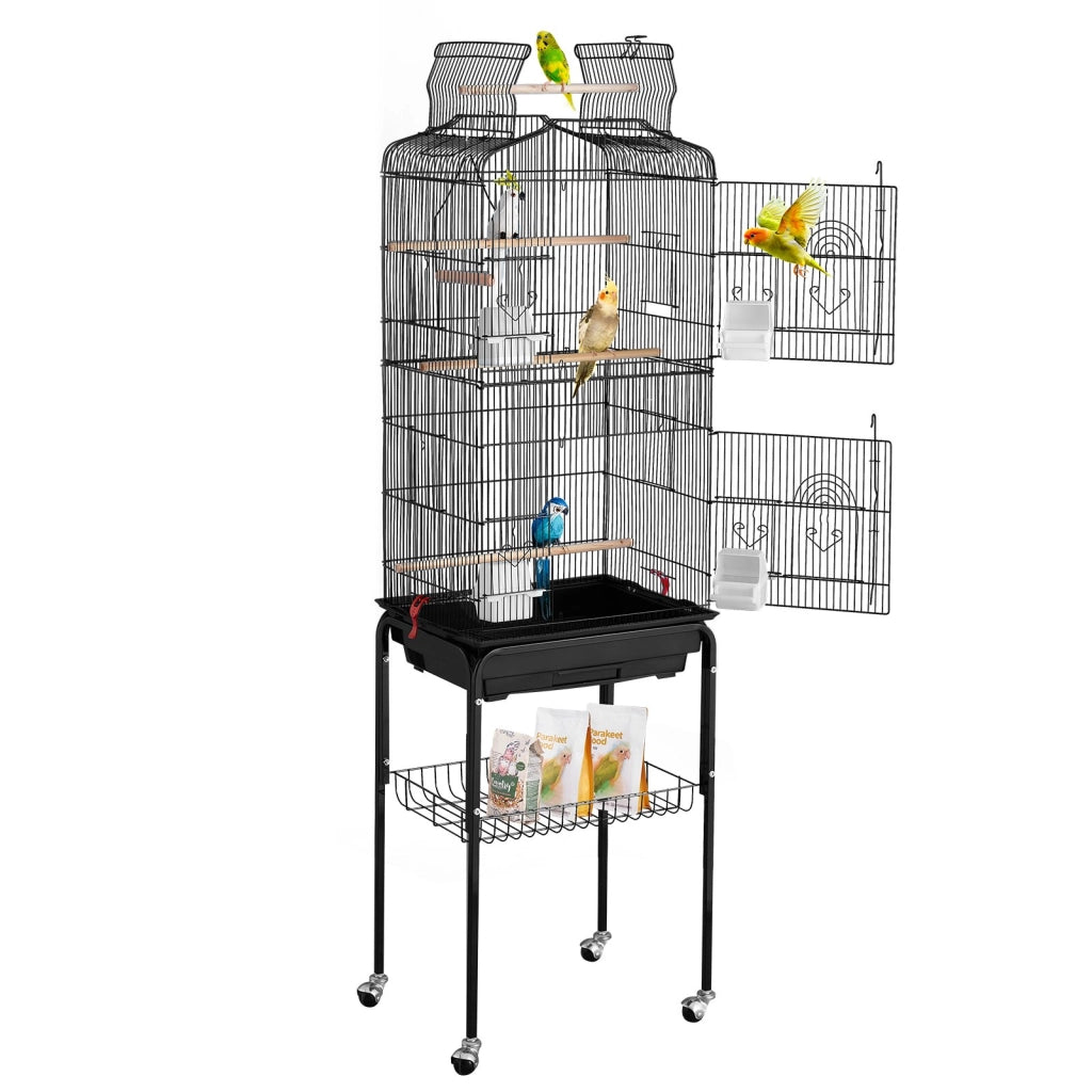 Gabbia per Uccelli e Parrocchetti Nera 45,7 x 35,5 x 151 cm con Supporto Mobile, Tetto Apribile e 4 Trespoli, Robusta e Pratica