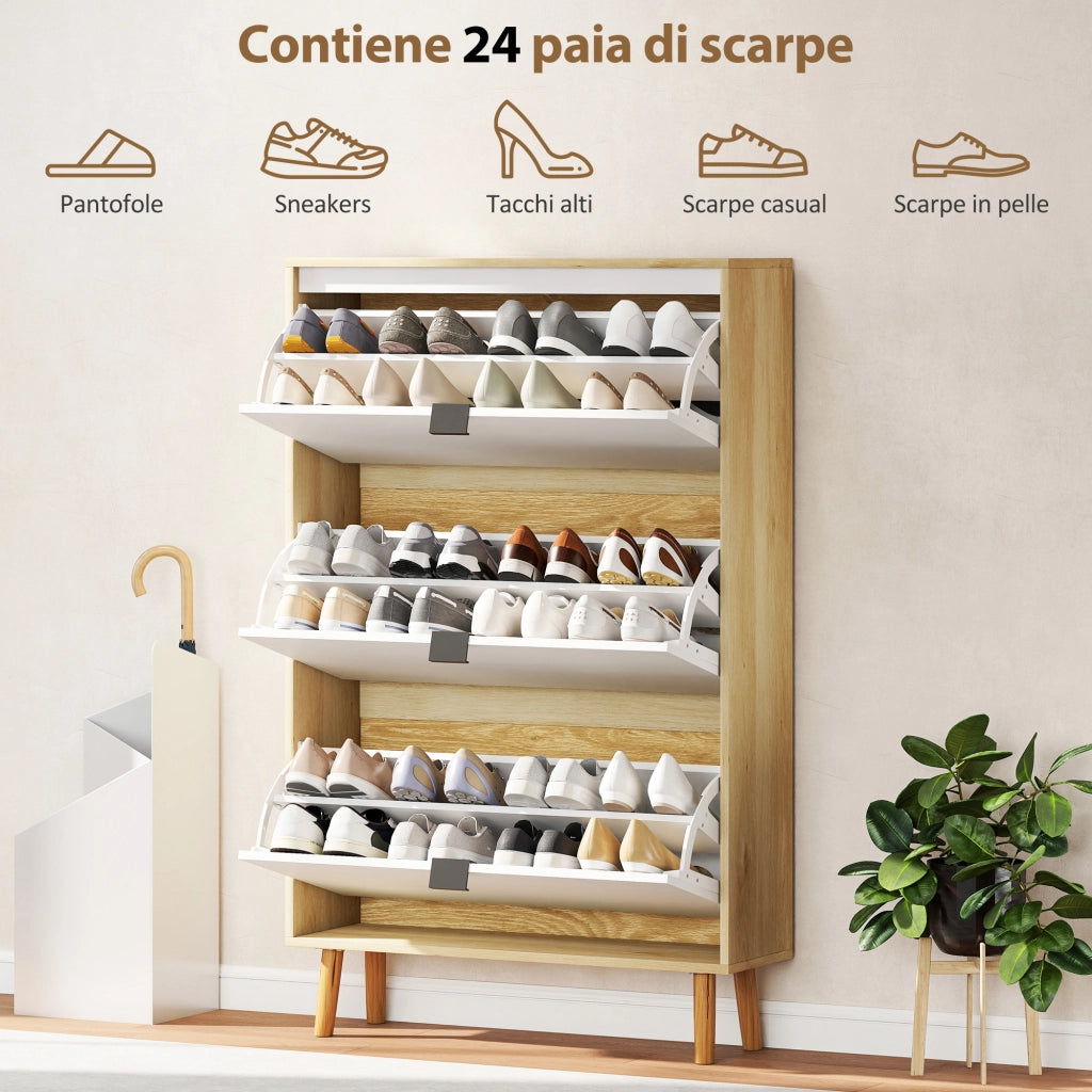 Scarpiera con 3 Cassetti Ribaltabili ¨C zephmum ¨C Bianco 80x24x127 cm