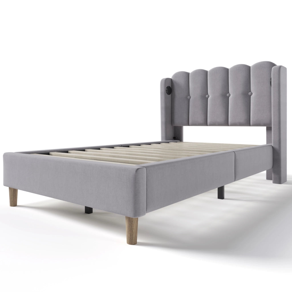 Letto imbottito 90x200 cm in tessuto effetto lino grigio con USB e Type-C