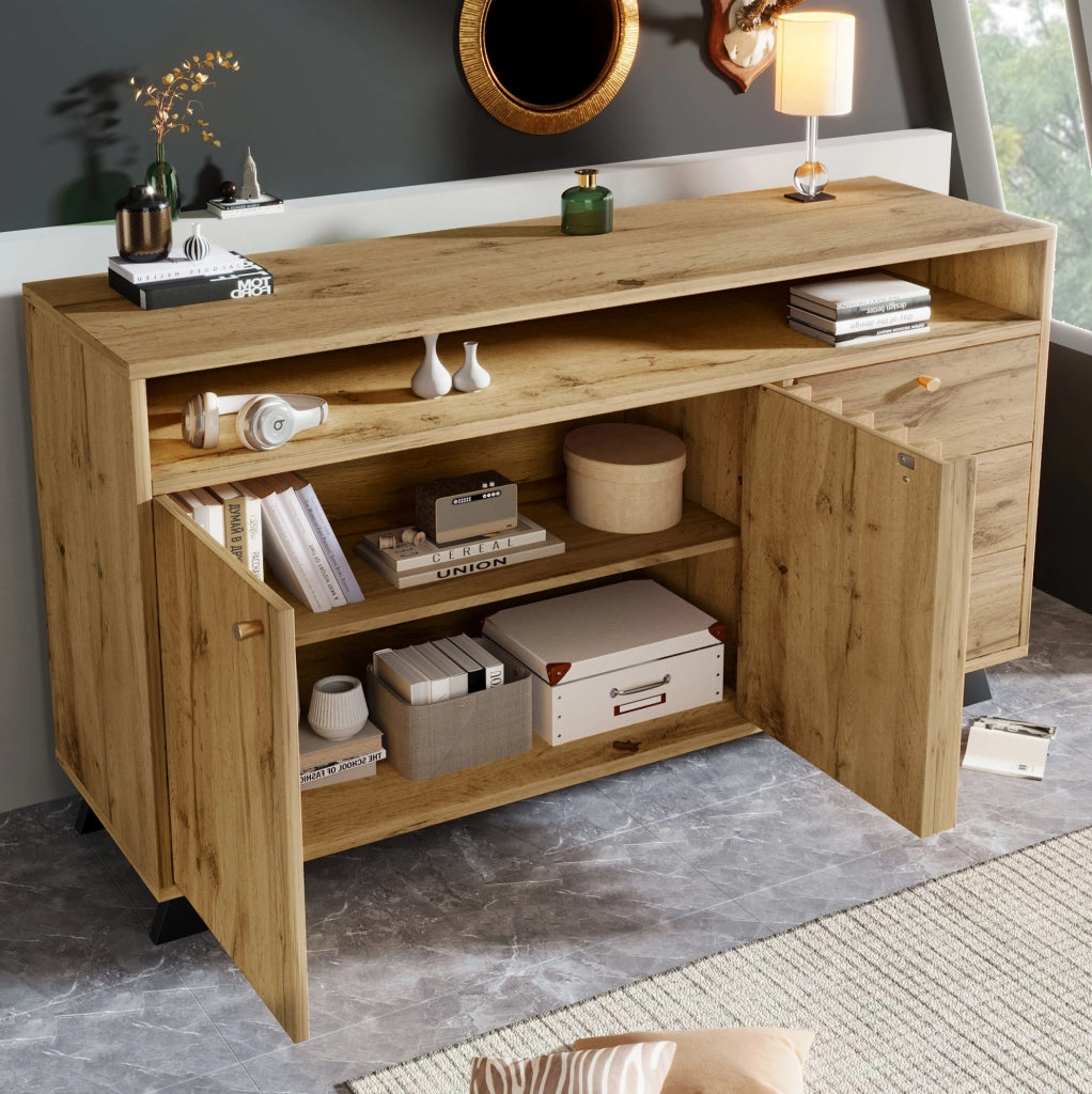 Credenza con 3 cassetti, 2 ante e vano aperto in rovere scuro