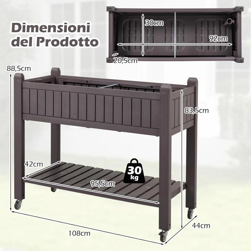 Letto da Giardino Rialzato con Ruote, Fioriera Elevata Divisibile con Monitor d’Acqua, Foro di Drenaggio e Ripiano per Verdure, Erbe, Contenitore Impermeabile per Piante da Cortile e Patio