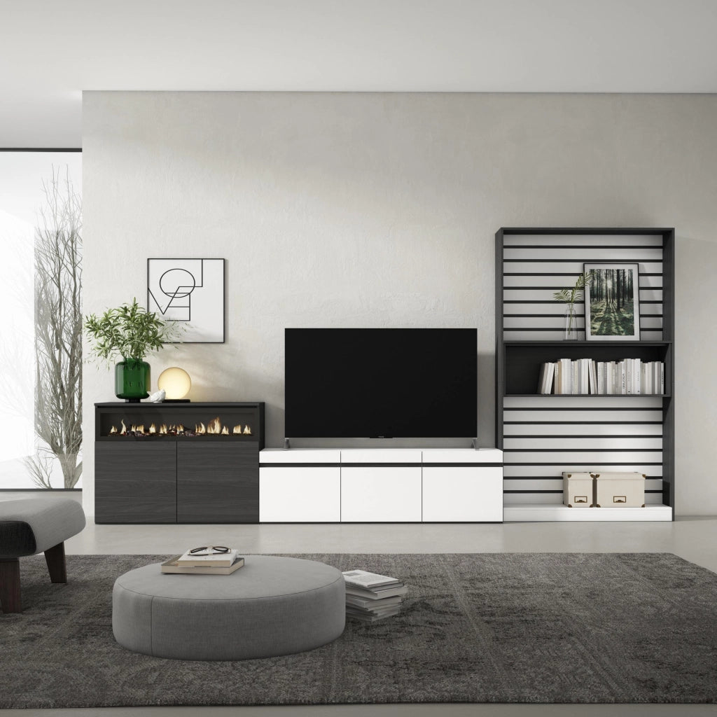 Mobile TV, Soggiorno, 360x35x186cm, Per TV fino a 65", Camino elettrico, Bianco e nero RF3190