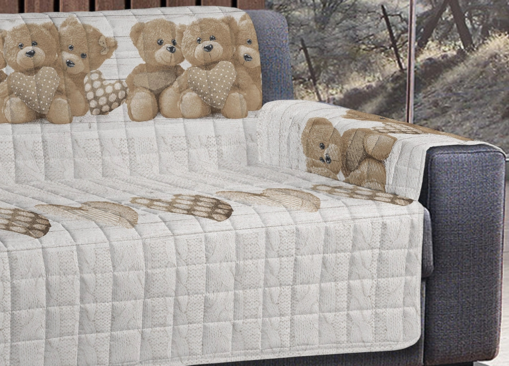 Copridivano-Copripoltrona Trapuntato Imbottito Disegno New Orsetti - 3 Posti - Beige