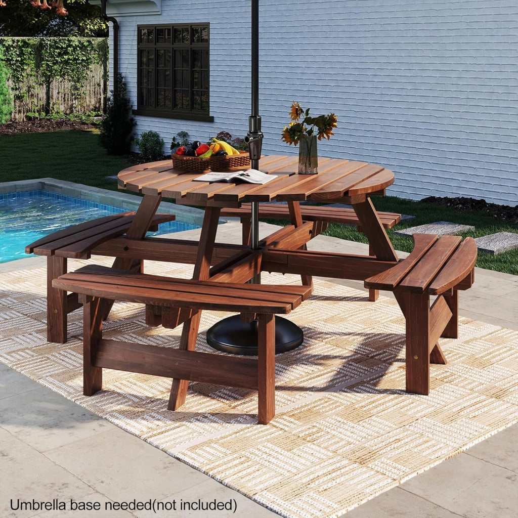 Set da Giardino per 8 Persone in Legno di Abete, Tavolo con Sedie Integrato e Foro per Ombrellone, Mobili da Esterno per Terrazza, Cortile e Pic-Nic, 178 x 70 cm