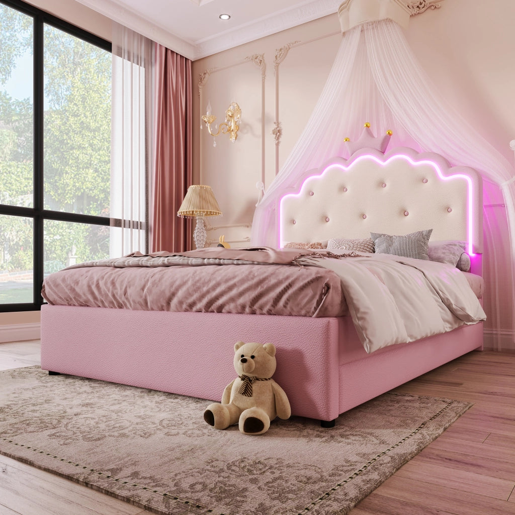 OKWISH Letto con Cassetti 140×200 cm, Letto Matrimoniale con LED Regolabile, Letto estraibile e 2 Cassetti, senza Materasso, in PU, Rosa