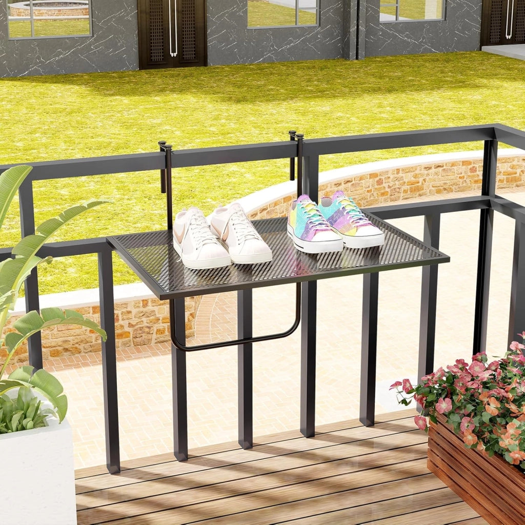Tavolino da Balcone, Tavolino Sospeso Pieghevole con Struttura in Metallo, Tavolo Salvaspazio da Ringhiera per Patio e Terrazzo, Portata 23 kg, 60,5 x 50,5 x 51 cm