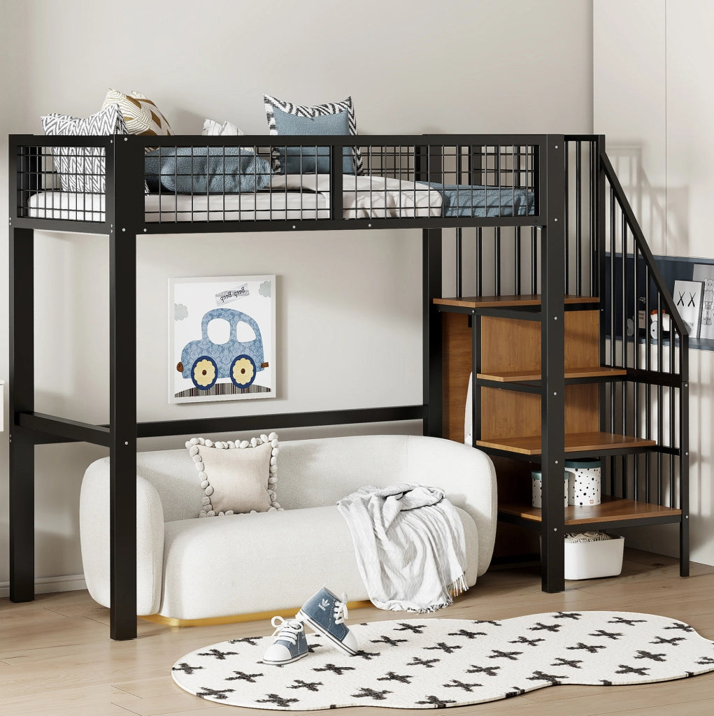 Letto alto per bambini 90 x 200 cm in metallo nero con scala; armadio e sponde a rete