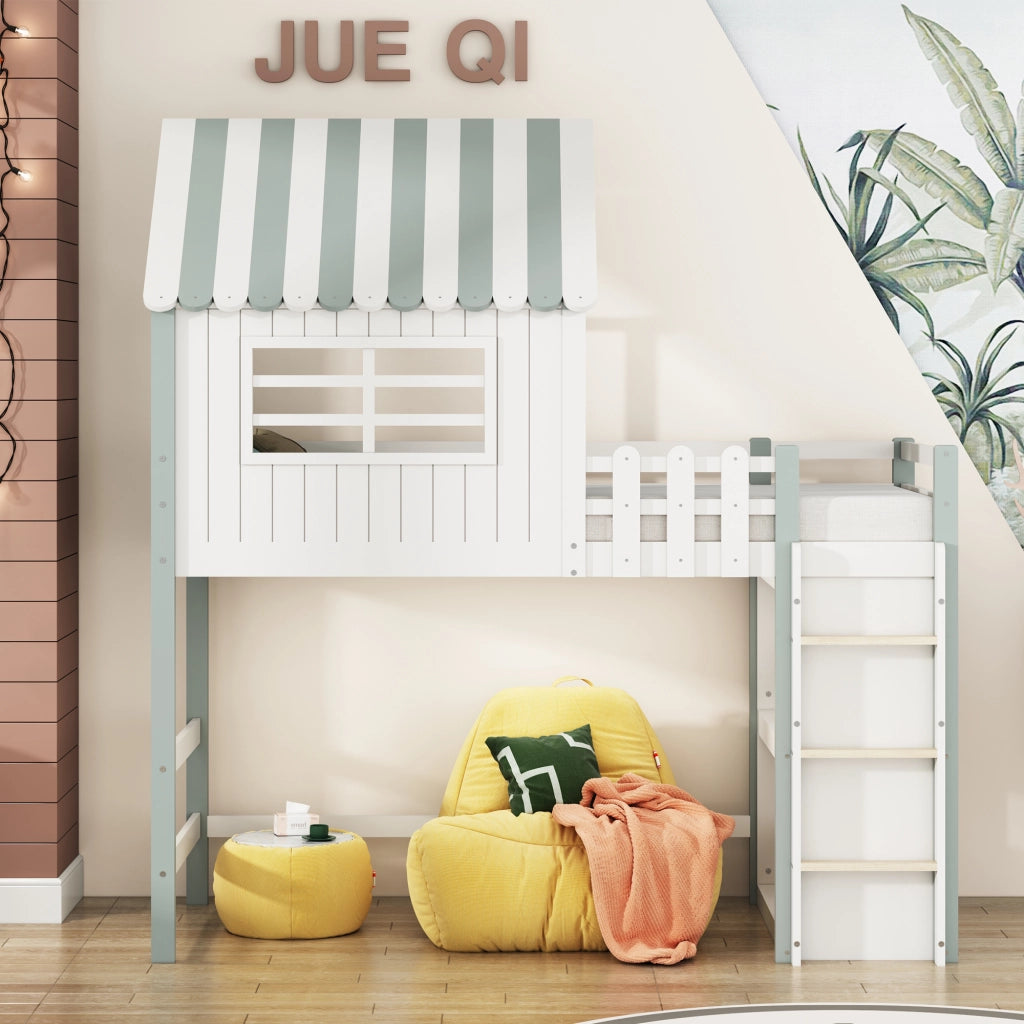 OKWISH Letto a Casetta 90×200 cm, Letto Singolo con Scala di Sicurezza, Contenitore e Sponda 30 cm, senza Materasso, Verde
