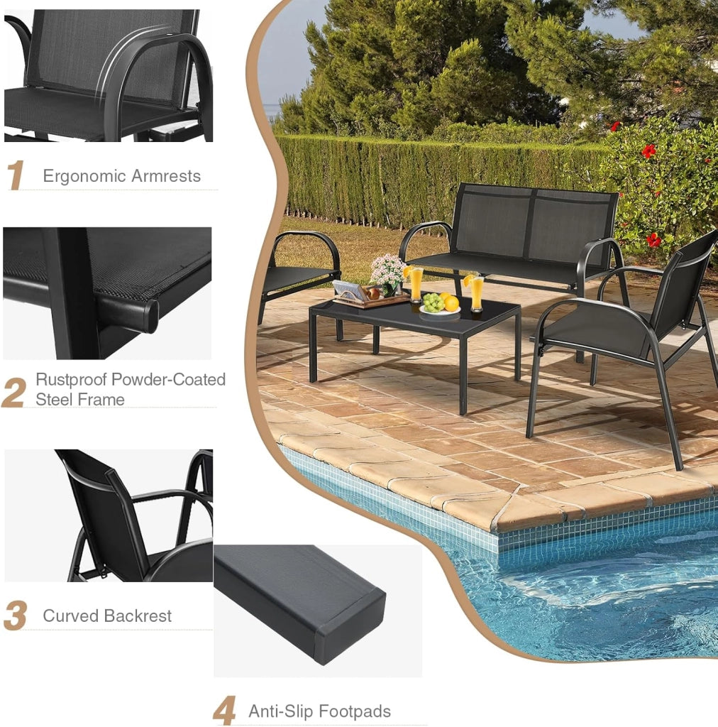 Set di 4 mobili da giardino con tavolino da salotto e panca da giardino e 2 sedie da pranzo, in textilene, set da 4 persone, mobili da giardino (Nero)