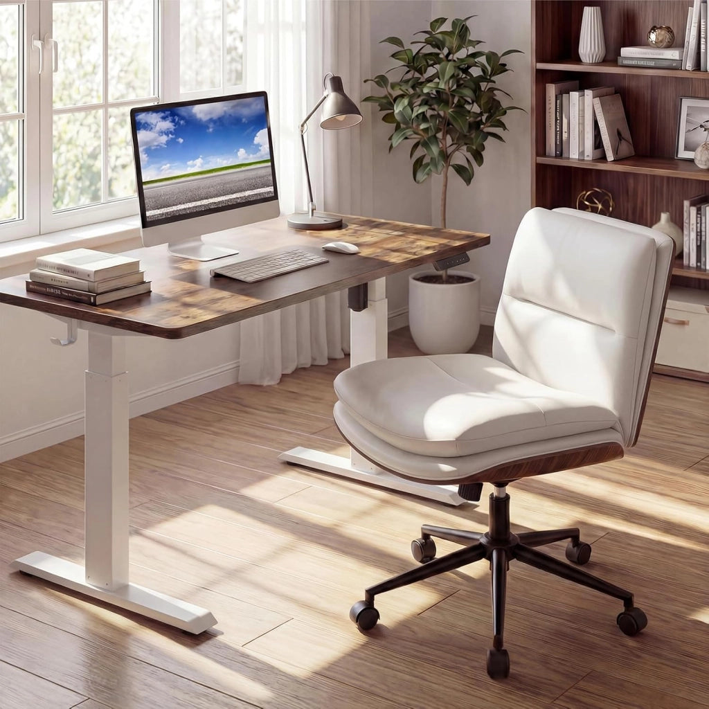 Sedia Ufficio Girevole con Ruote, Sedile Curvo, Schienale Reclinabile, Poltrona Scrivania con Altezza Regolabile, per Lavoro, Studio, Relax, Portata 110 kg (Bianco)