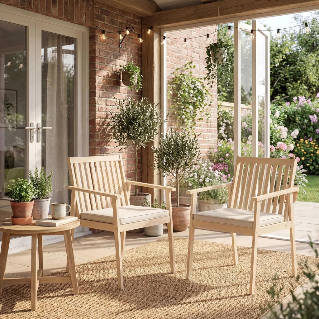 Set di 2 Sedie da Giardino Ergonomiche con Cuscino Rimovibile, Sedie da Pranzo con Braccioli, Poltrona in Legno di Acacia da Terrazza, Balcone, Cortile, Portata 180kg (Naturale)