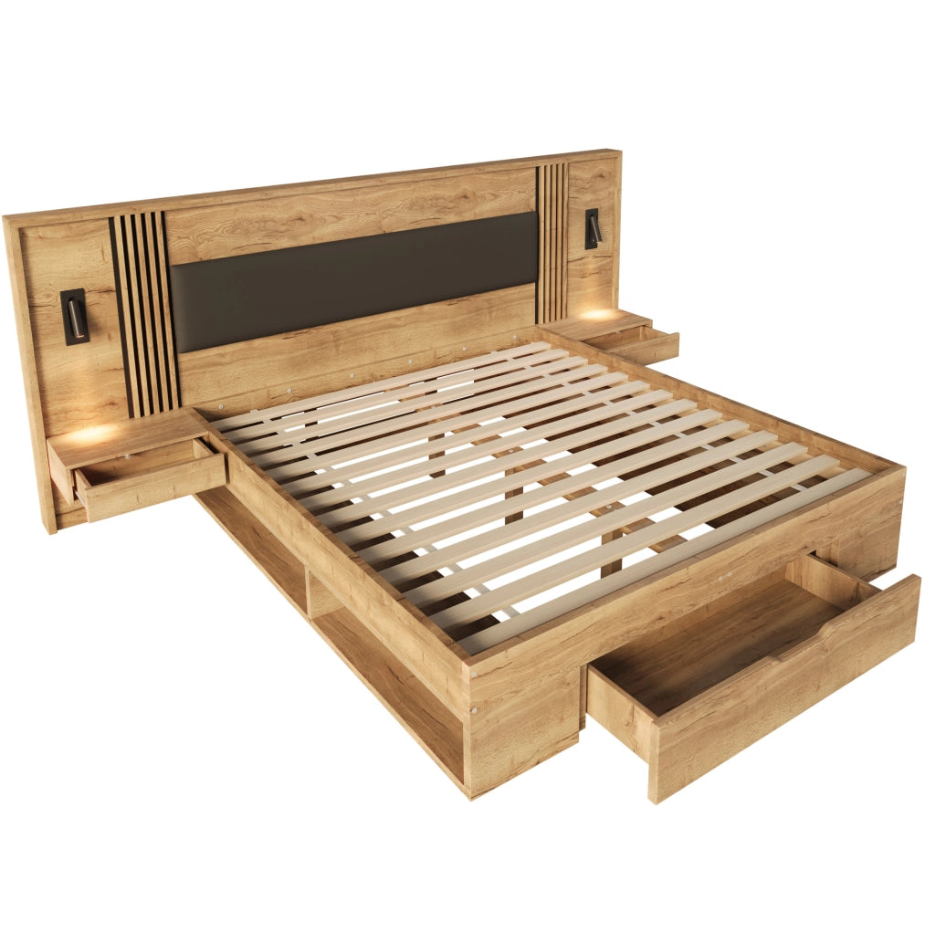 Letto 160x200 cm con cassetto, comodini e luci orientabili in MDF naturale