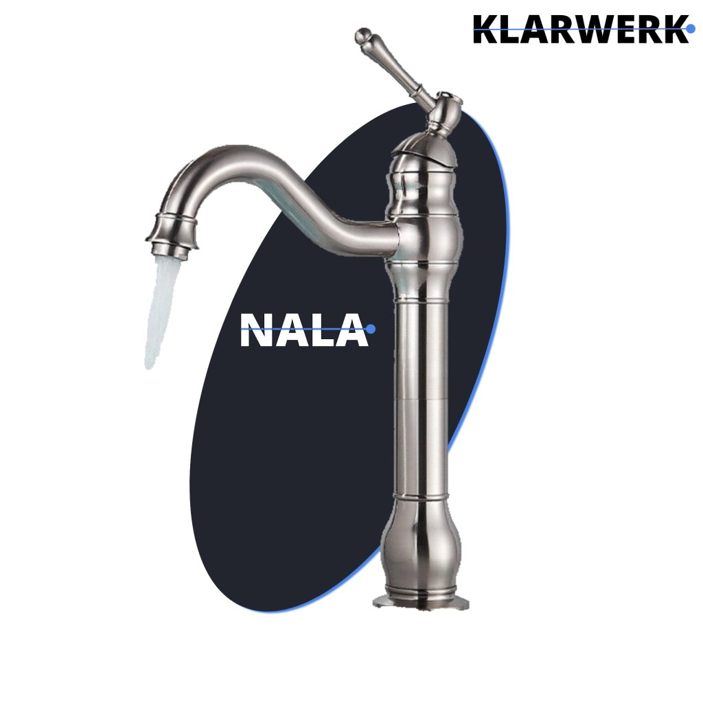 NALA | Rubinetto da bagno alto vintage Gastro in argento spazzolato |Retrò in acciaio inossidabile premium per lavabo alto | Miscelatore 2 connessioni