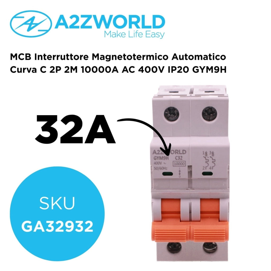 MCB Interruttore Magnetotermico Automatico Curva C 2P 2M 10000A AC 400V IP20 GYM9H, Accoppiabile Con Bobina di Sgancio GA01231 GA01232, Disponibili 25A 32A 40A 63A (C32A)