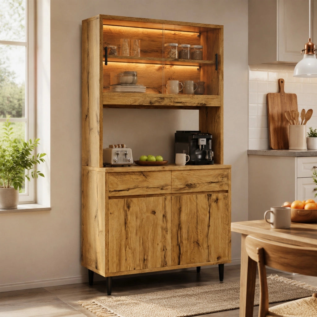 Credenza alta in rovere con LED, prese e porte in vetro