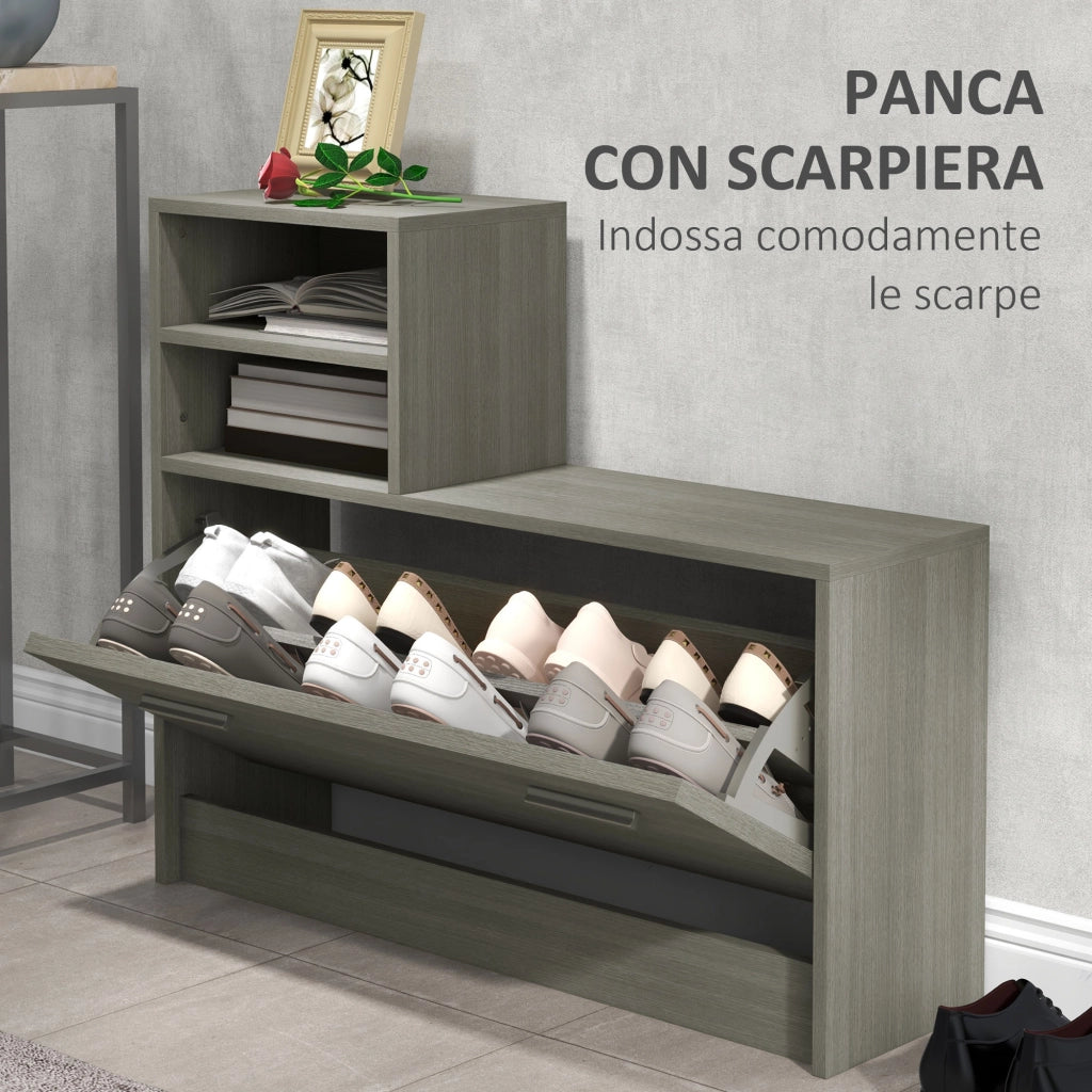 Set Mobili da Ingresso con Appendiabiti, Specchio, Panca con Scaffale e Scarpiera per 8 Paia di Scarpe, Grigio