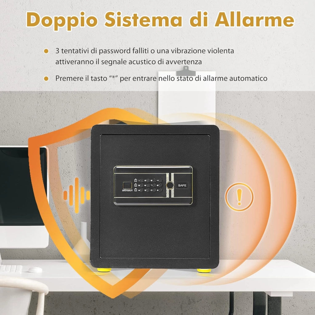 Cassaforte Elettronica, Cassetta di Sicurezza con Tastierino Numerico Digitale, con 2 Chiavi, 2 Chiavi di Emergenza, Ripiano Rimovibile e Sistema di Allarme, 36x31x41 cm