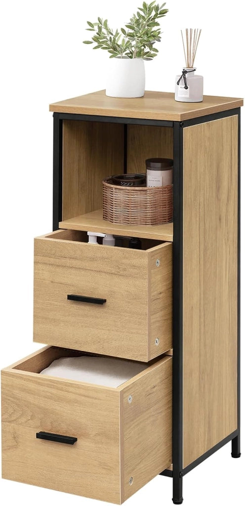 Mobile da Bagno a Terra, Mobiletto da Bagno a Colonna, 1 Scomparto Aperto e 2 Cassetti Estraibili, per Salotto, Camera, Cucina, in Legno e Metallo, 30x30x80cm, Nero+Rovere Chiaro