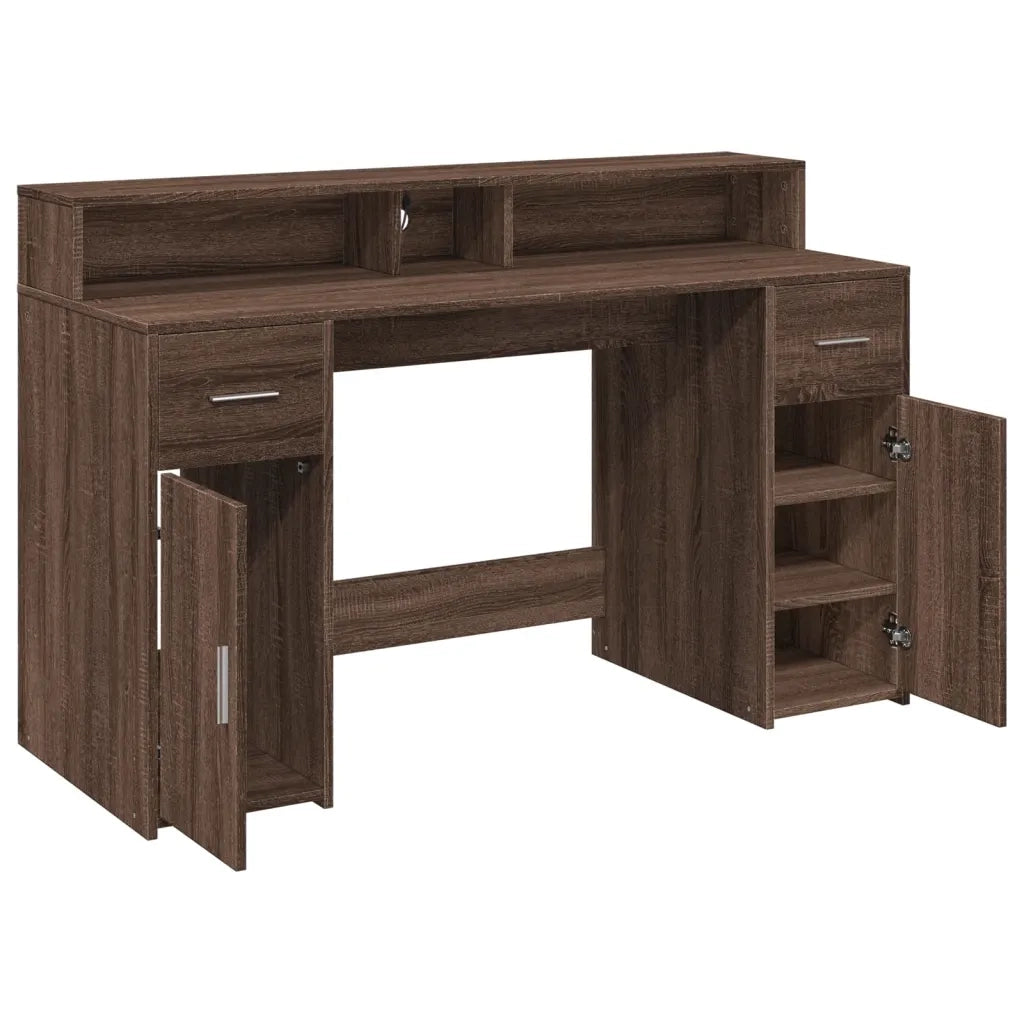 vidaXL Scrivania con Luci LED Marrone Rovere 140x55x91 cm Multistrato