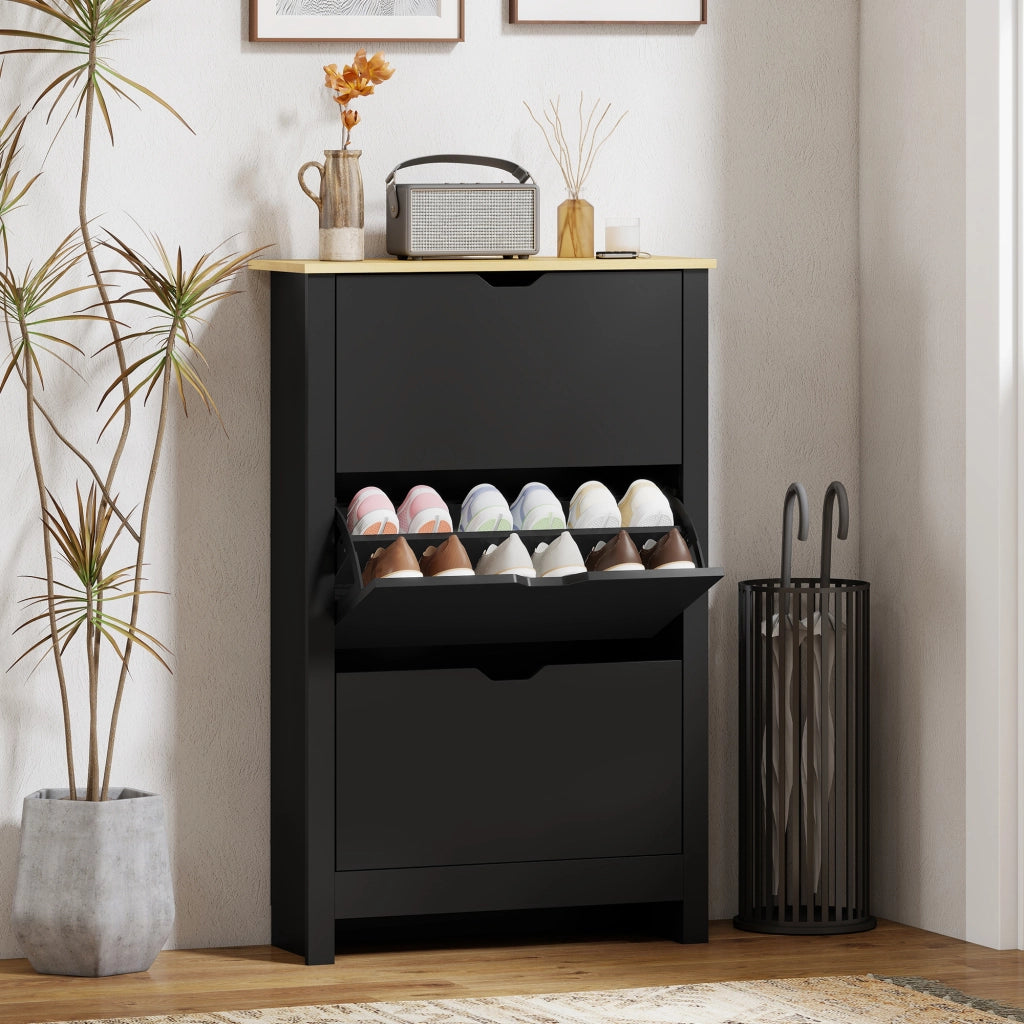 Armadio per Scarpe 3 Ante Abattanti 2 Compartimenti ¨C zephmum ¨C Nero Rovere