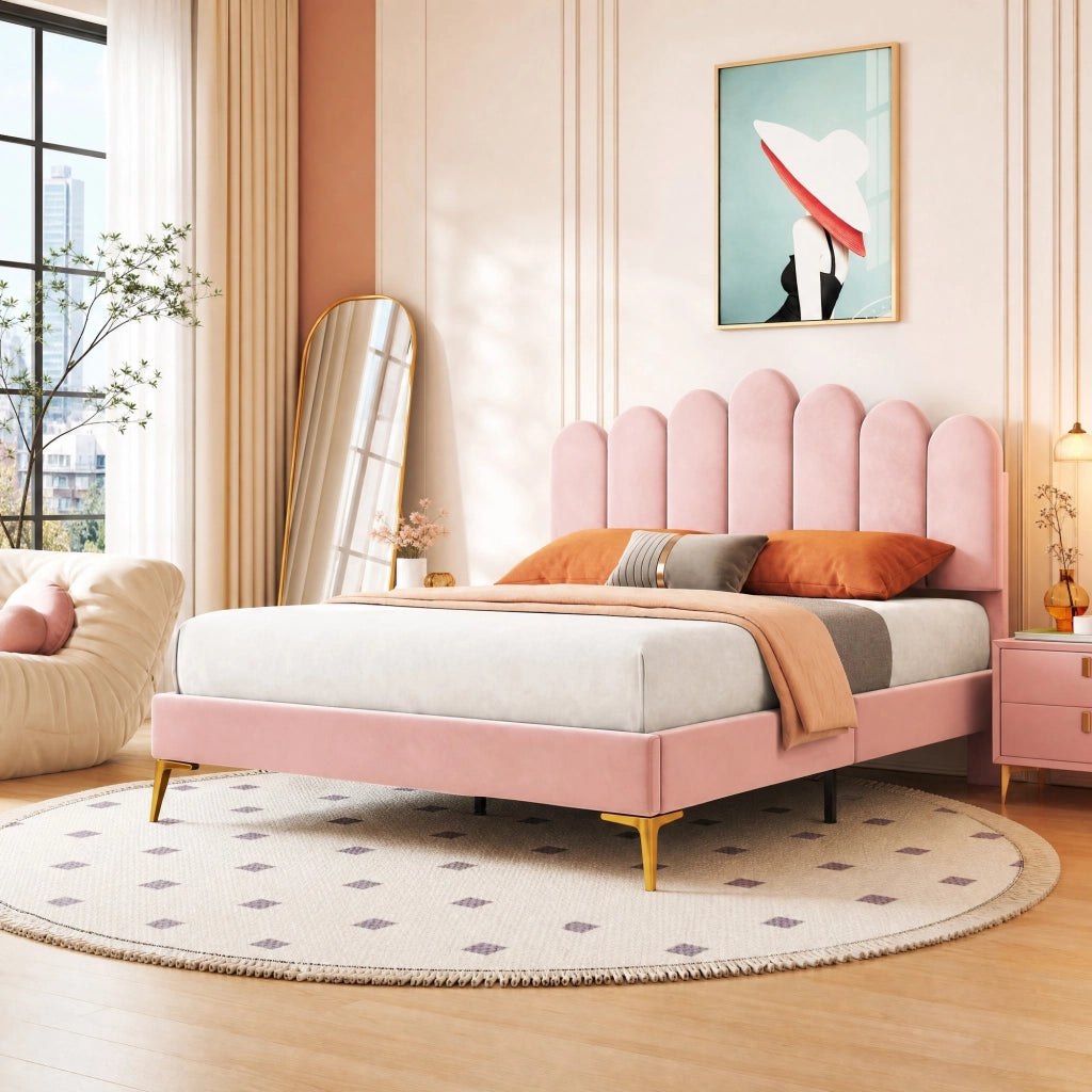 Letto matrimoniale imbottito 140x200 cm in velluto rosa con testiera regolabile