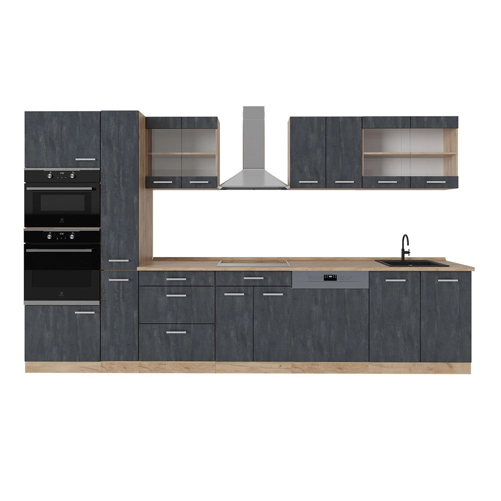 Vicco Cucina componibile Calcestruzzo nero/quercia dorata 350 cm senza piano di lavoro