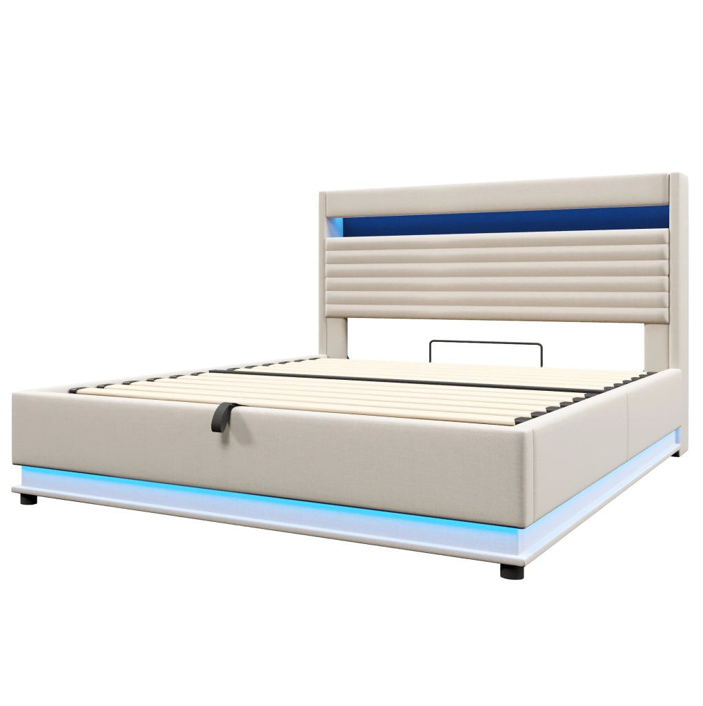 Letto matrimoniale imbottito 180x200 cm in lino beige con contenitore; LED e USB-C