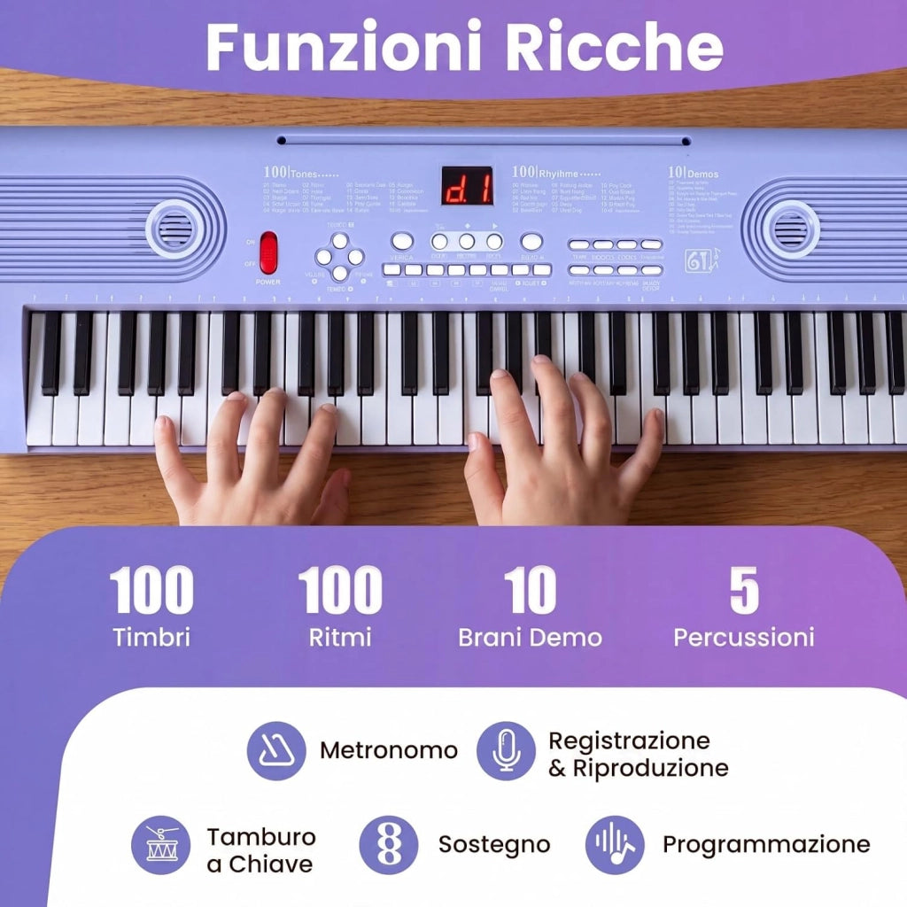 Pianoforte Digitale a 61 Tasti, Pianoforte Elettronica con Supporto, Microfono, Pianoforte Portatile con Adesivi per Tasti e Borsa da Trasporto, per Bambini e Adulti (Viola)