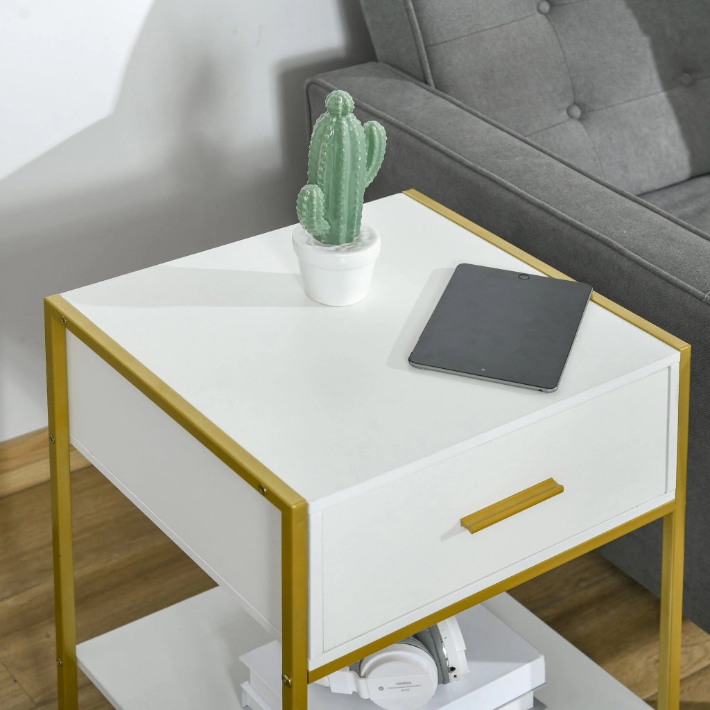 Set 2 Comodini Moderni con Cassetto e Ripiano Aperto 45x40x60 cm in MDF e Acciaio Bianco e Oro
