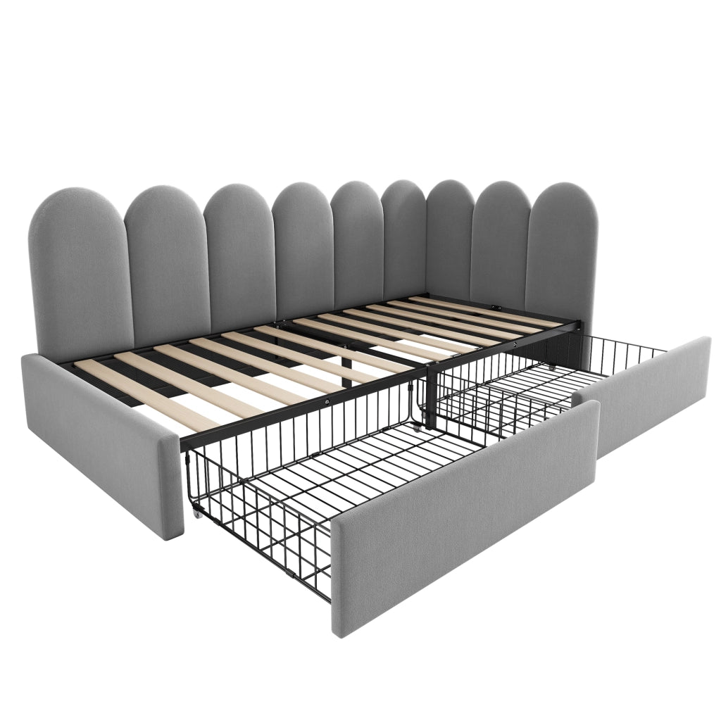 Letto singolo 90x200 cm in velluto grigio con 2 cassetti e struttura reversibile