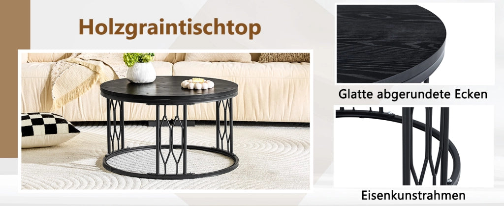Tavolino basso rotondo in MDF con piano effetto legno e struttura in metallo per soggiorno nero Ø 70 × 40,5 cm