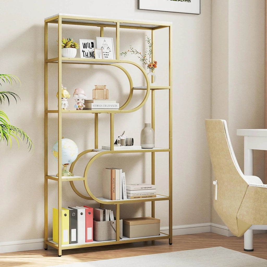 Libreria a 8 Ripiani, Scaffale Alto Autoportante a Forma di U, Struttura in Metallo, Organizzatore di Spazio per Soggiorno e Ufficio, 95x30x175 cm (Bianco+Oro)
