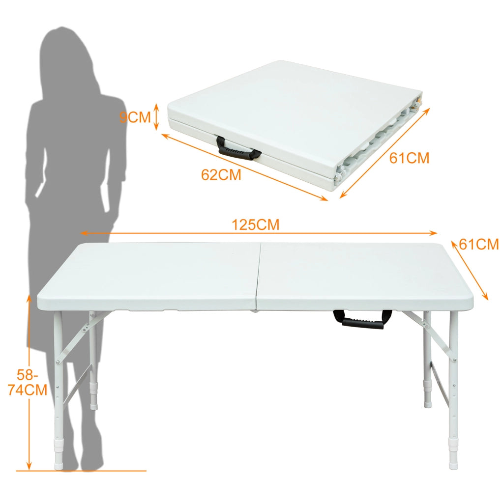 Tavolo pieghevole regolabile 125 cm bianco con maniglia