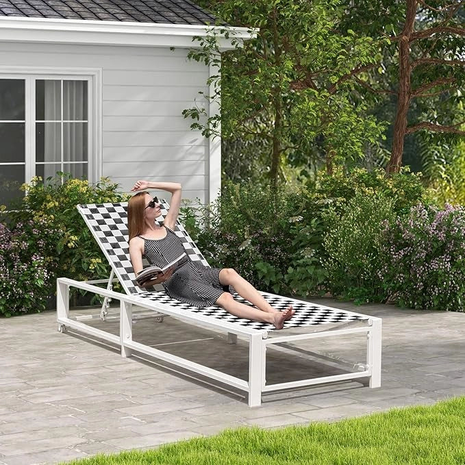Lettino Giardino con Ruote, Sedia Sdraio Esterno con Schienale Regolabile, con Tessuto Traspirante, Telaio in Metallo, per Giardino Piscina Spiaggia, Portata 180 kg