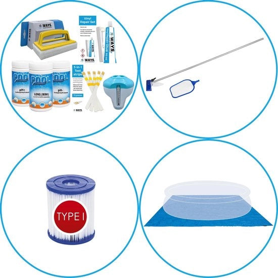 Pacchetto di accessori per piscina 4 pezzi - Kit di manutenzione & Filtro per piscina tipo I & Set di manutenzione & Telaio per piscina