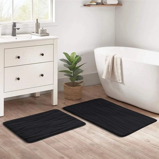 Set di tappeti da bagno 2 pezzi in schiuma di espansione assorbente con superficie antiscivolo e asciugatura rapida 2 pezzi (40 x 60 cm + 50 x 80 cm, nero)