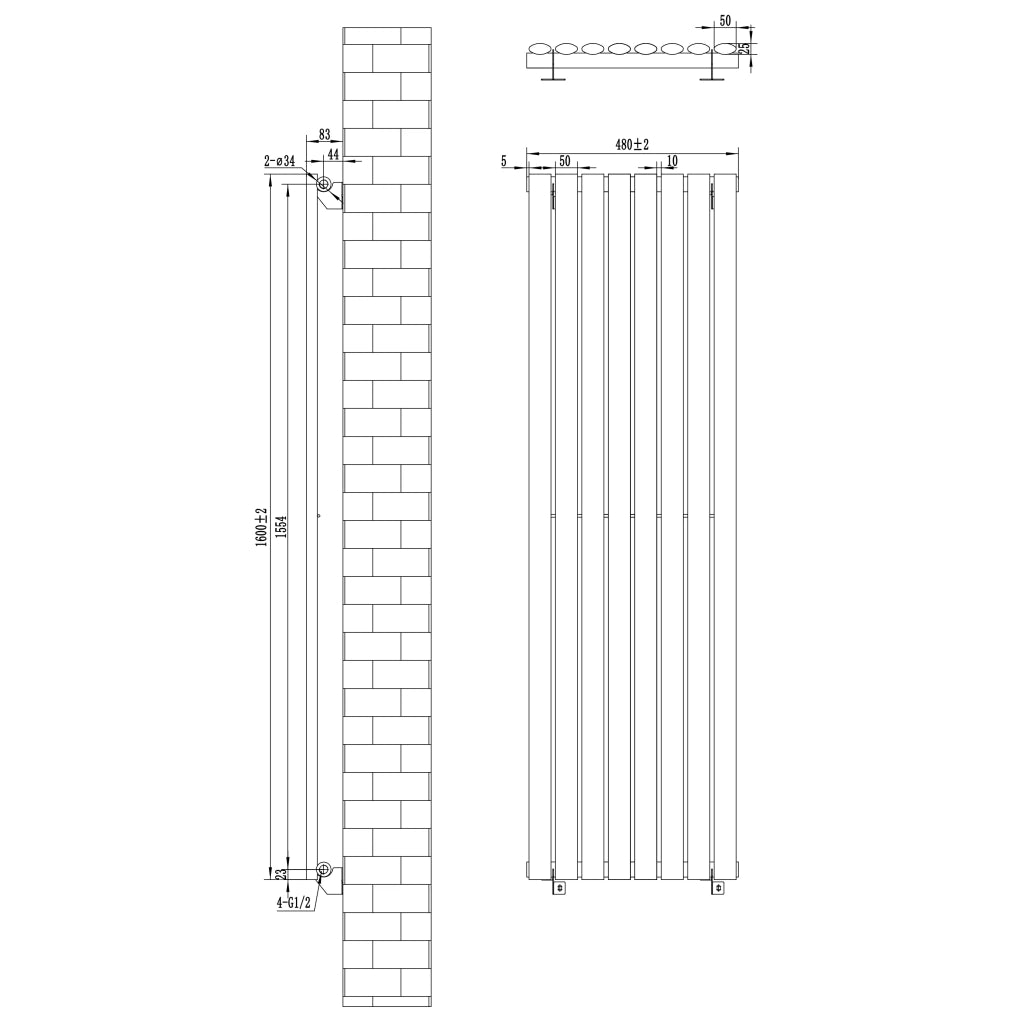 Radiatore Verticale Design Ovale Colonna Singola Antracite 1600x480 mm