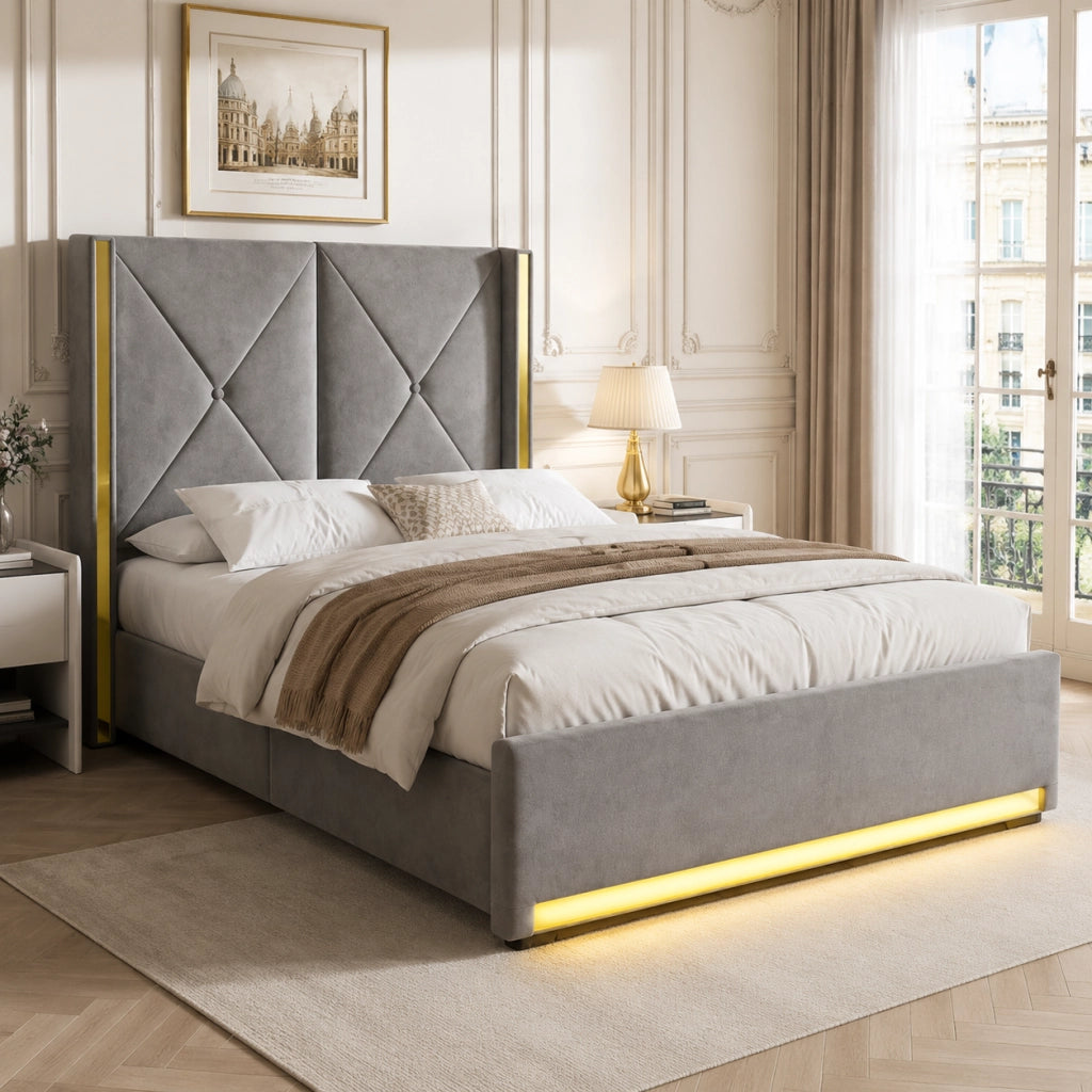 LETTO Contenitore 90x200 cm in velluto grigio scuro con USB, LED e tasche laterali