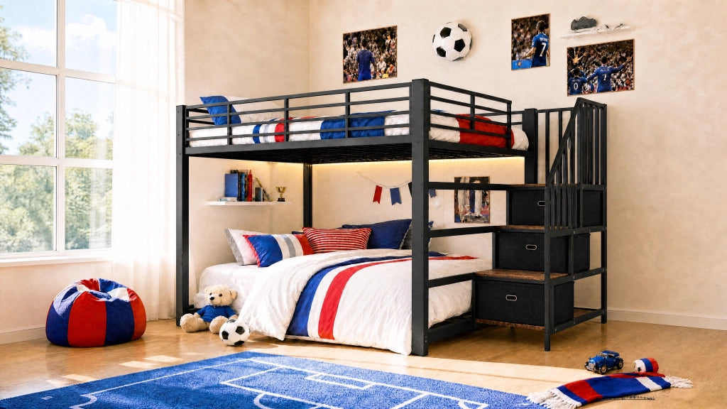Letto a castello 140 × 200 cm con scala reversibile, cassetti, LED e prese USB, senza materasso, nero