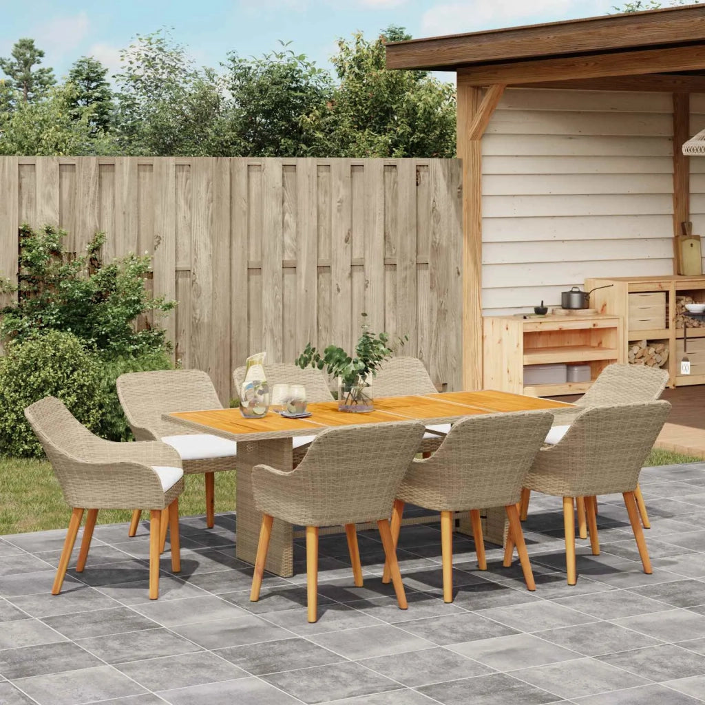 Set da Pranzo per Giardino con cuscino 9 pcs Beige polyrattan