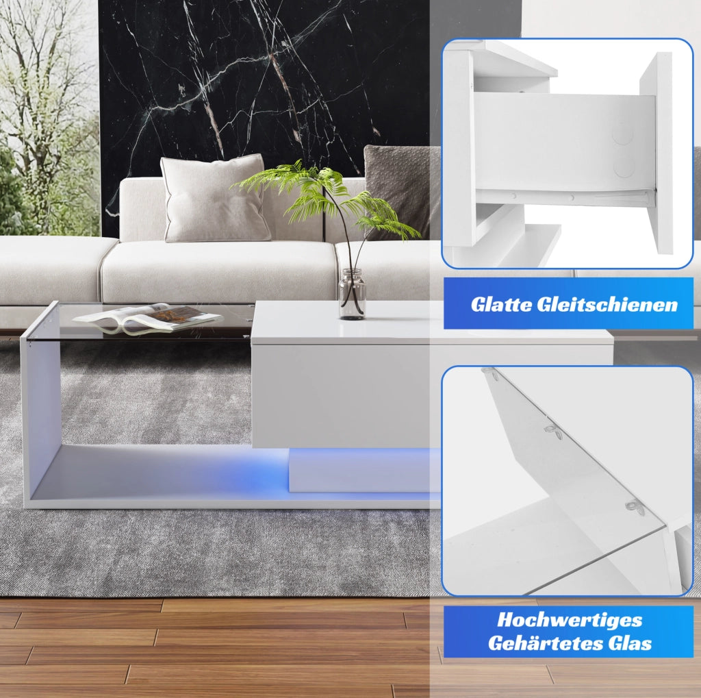 Tavolino da salotto moderno 100x50x32 cm bianco lucido con piano in vetro; cassetto e LED