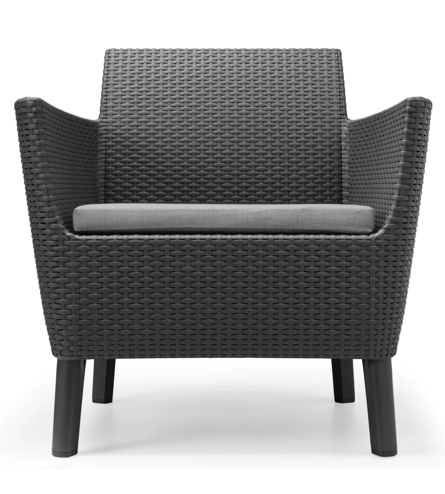 Salottino da Esterno Salemo Balcony Set 3 Pezzi in Resina Effetto Rattan con Tavolino Contenitore e 2 Poltrone con Cuscini Colore Graphite Keter