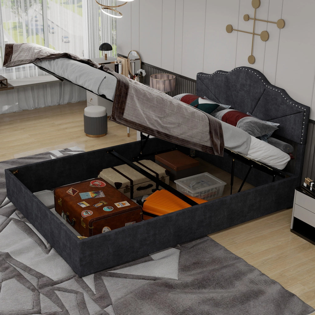 Letto Matrimoniale 140x200 cm; Testiera Geometrica in Tessuto e Metallo; Grigio