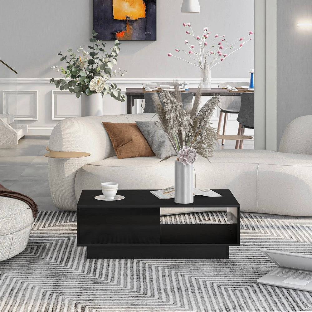 Tavolino da Caff¨¨ con LED ¨C MINIMAL ¨C Nero, Piano Lucido, 95x55x32 cm