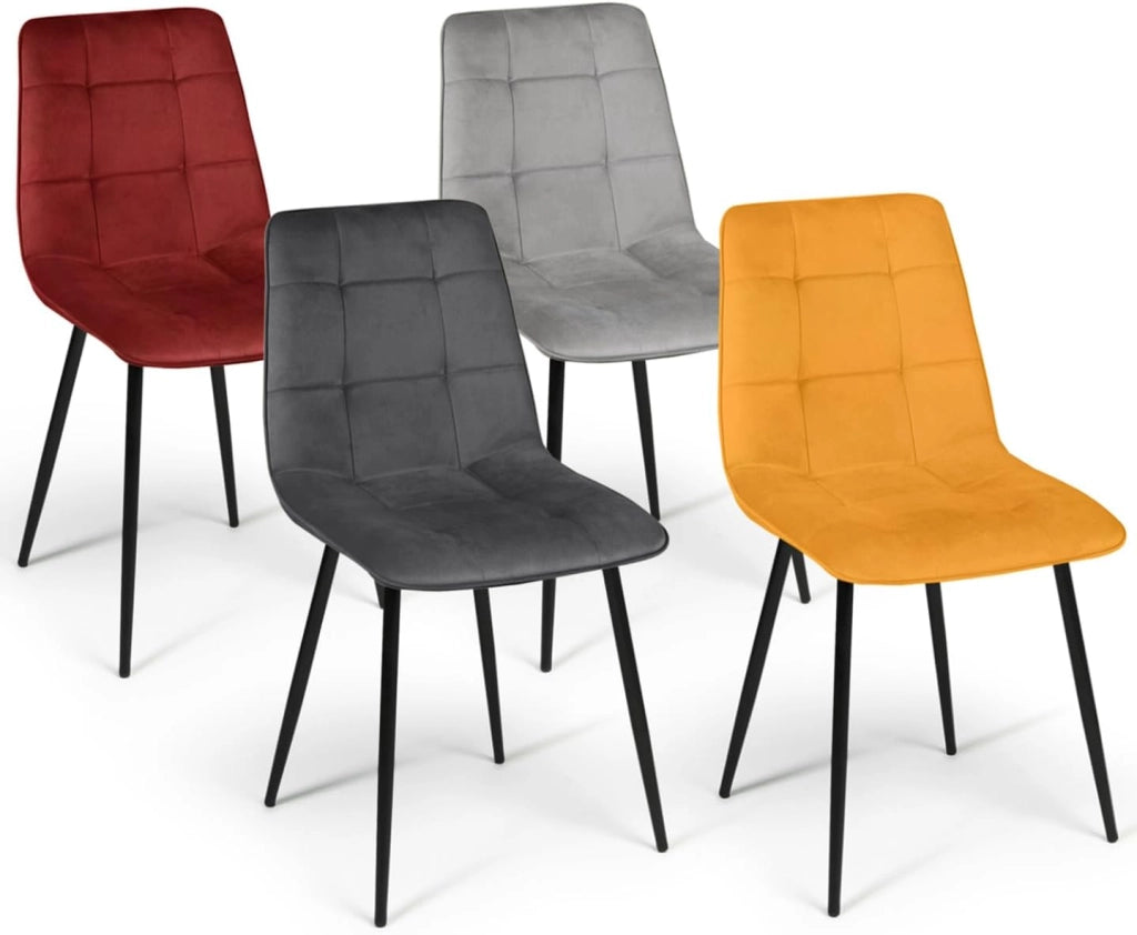 Lote de 4 sillas mixtas de terciopelo vintage MILA en burdeos, gris oscuro, gris claro y amarillo ocre