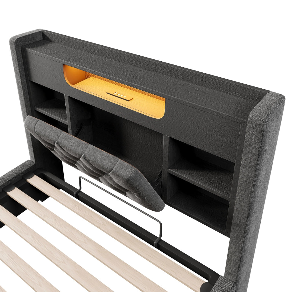 Letto contenitore 90x200 cm con LED, USB e testiera con ripiani